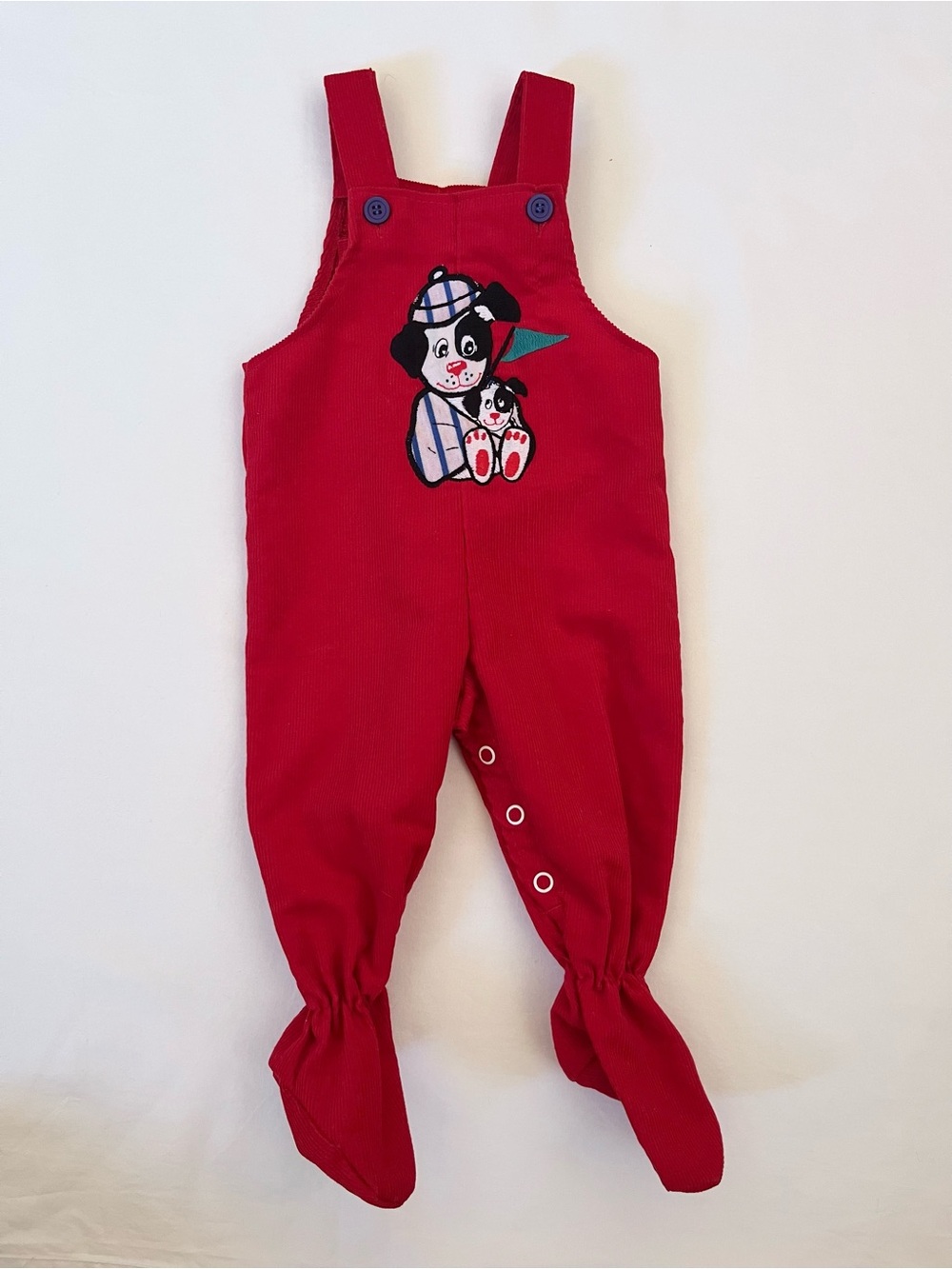 Vintage 80s Buster Brown Red Corduroy Footed Overalls Puppy 3–6M USA